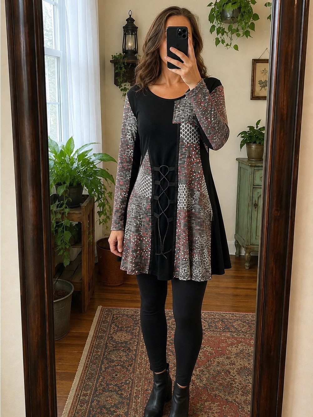 Naveed Patchwork Lace-Up Tunic Dress | Goth Boho | Size L